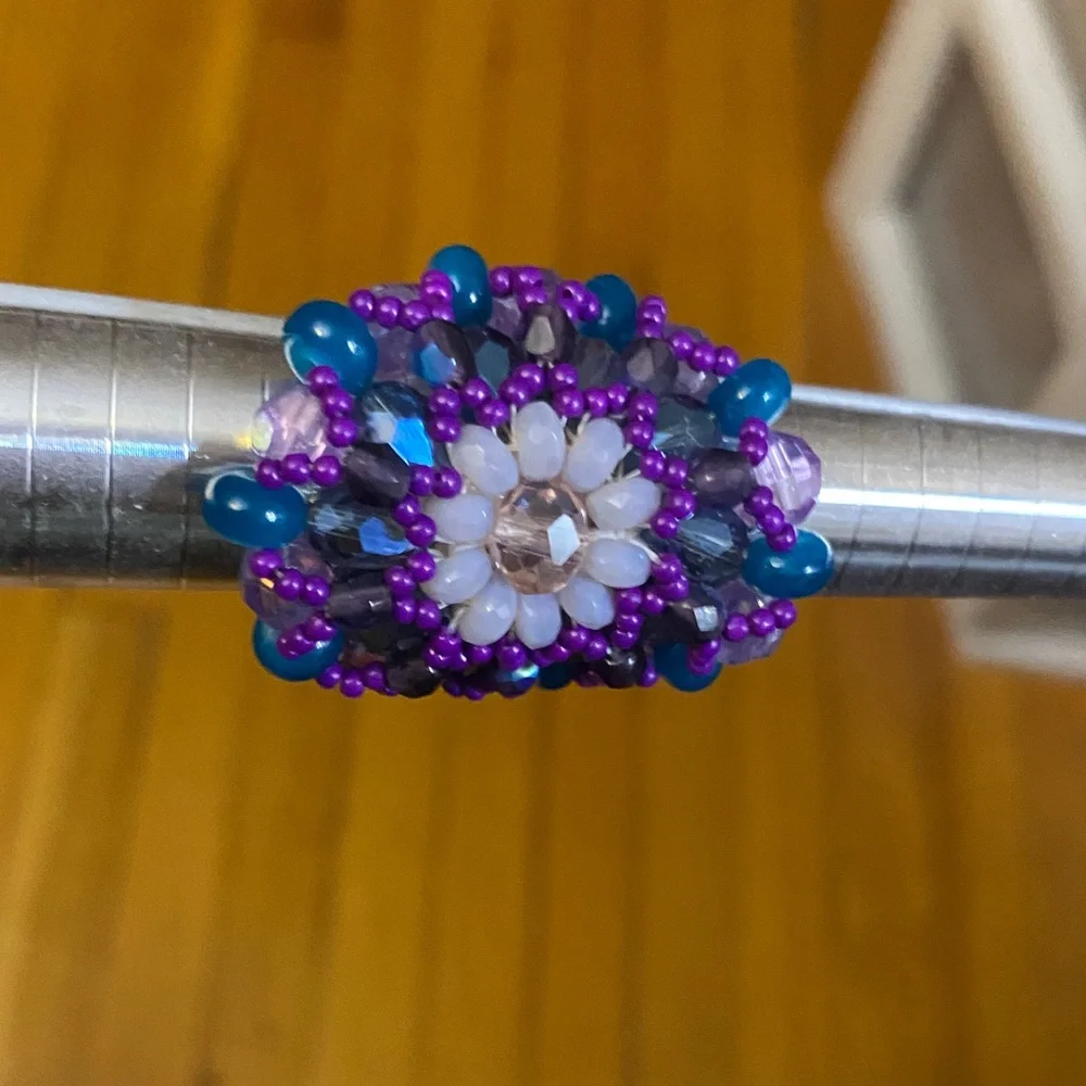 Purple and Blue Women's Beaded Ring Size 8